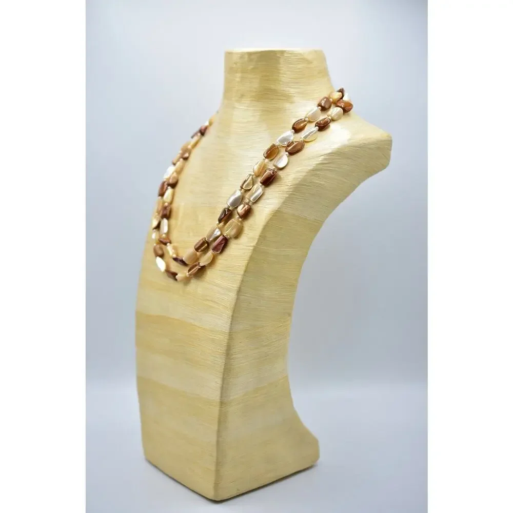 Vintage Necklace Long Stone Beaded Neutral Beige Brown White 48